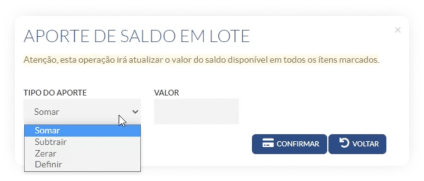 Pop-up de Aporte de Saldo em lote