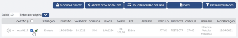 imagem do topo da tabela com os itens de seleção do aporte de saldo em lote